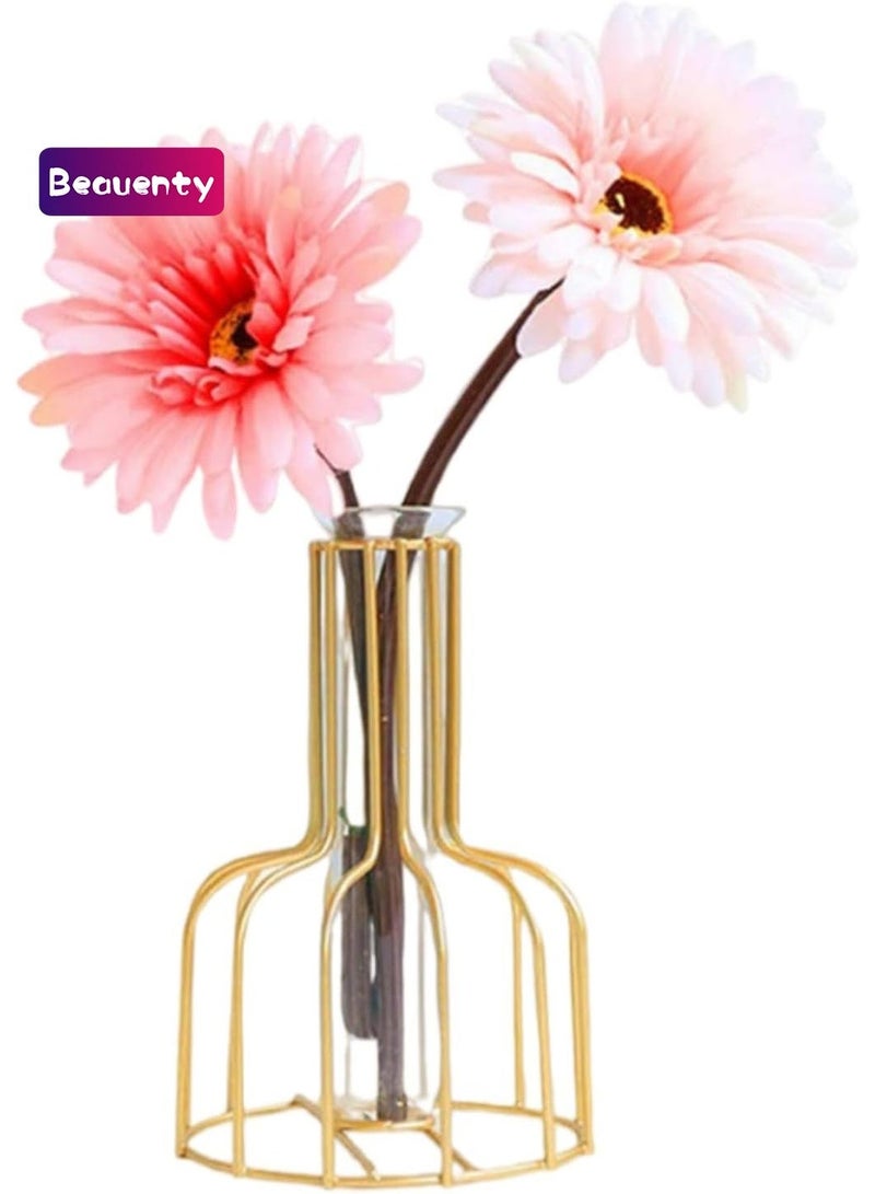 Beauenty Table Flower Vase,Gold Geometric Metal Frame Clear Glass Tube Bud Vase Hydroponic Plants,Gold Vase Decorative for Flower,Weddings,Centerpiece,Party,Home(Gold ) - Image 1